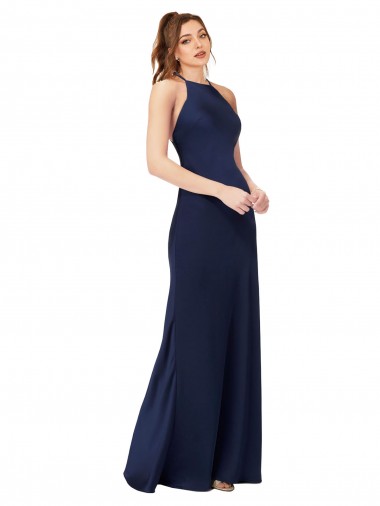 Online Sapphire Cubierta Cuello Alto Satén sedoso Largo Formales Vestidos de dama de honor / Vestidos de fiesta