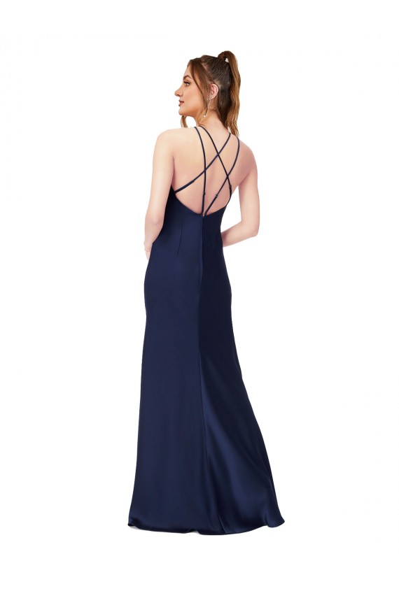 Online Sapphire Cubierta Cuello Alto Satén sedoso Largo Formales Vestidos de dama de honor / Vestidos de fiesta
