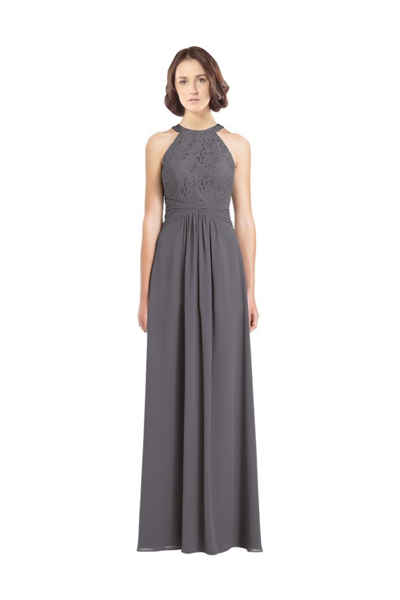 Online Stormy Silver línea A Halter Gasa Encaje Largo Vestidos de dama de honor