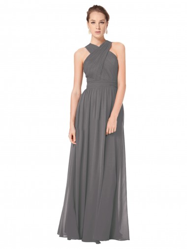 Online Stormy Silver línea A Halter Gasa Largo Vestidos de dama de honor