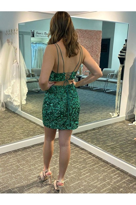 Online Trébol Verde Cubierta Cuello en V Corto Lentejuelas Terciopelo Corto Vestidos de fiesta