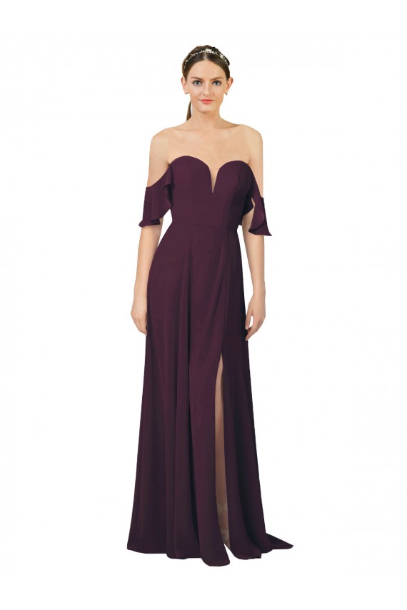 Online Uva Cubierta Cuello de Corazón Gasa Largo Vestidos de dama de honor