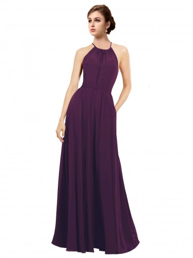 Online Uva línea A Halter Gasa Largo Vestidos de dama de honor