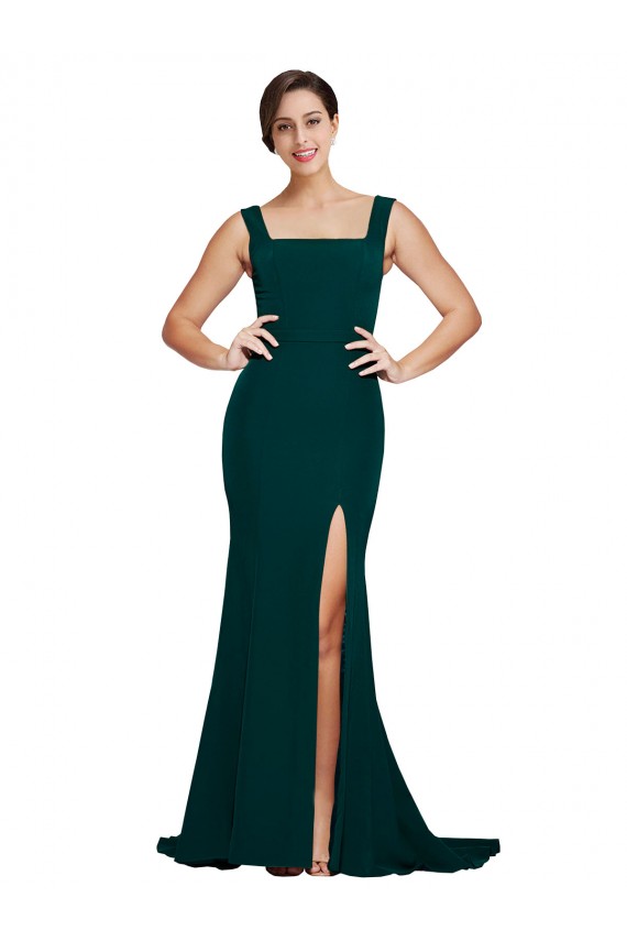 Online Verde Midnight Cubierta Cuadrado Barrer tren Crepé Elástico Largo Vestidos de dama de honor / Vestidos de fiesta
