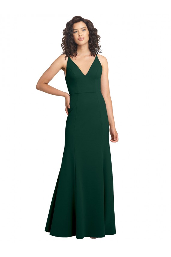 Online Verde Midnight línea A Cuello en V Crepé Elástico Largo Formales Vestidos de dama de honor / Vestidos de fiesta