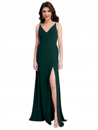 Online Verde Midnight línea A Cuello en V Crepé Elástico Largo Formales Vestidos de dama de honor / Vestidos de fiesta