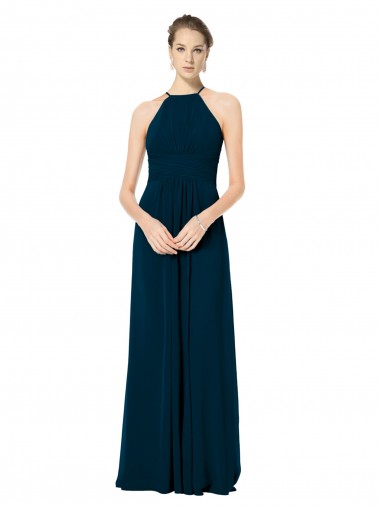 Online Verde Midnight línea A Tirantes espagueti Halter Gasa Largo Vestidos de dama de honor