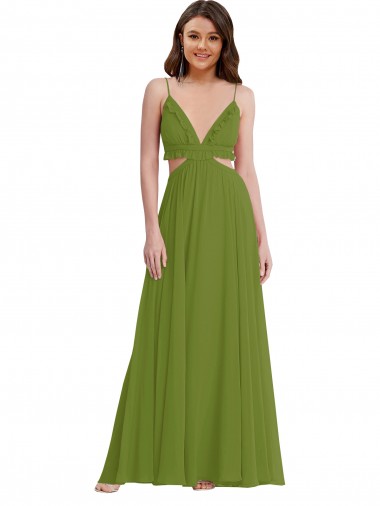 Online Verde Oliva línea A Cuello en V Gasa Largo Vestidos de dama de honor