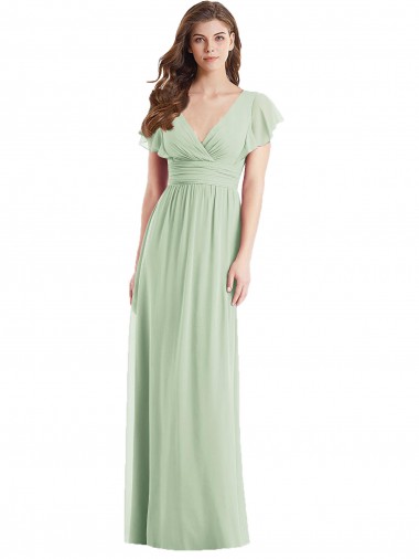 Online Verde Salvia Trompeta Cuello en V Gasa Largo Vestidos de dama de honor