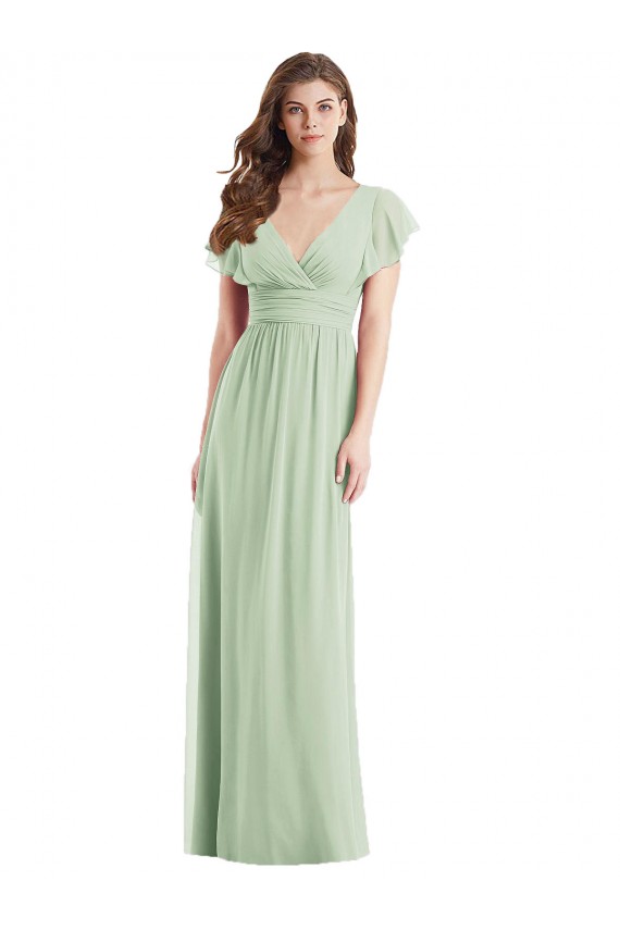 Online Verde Salvia Trompeta Cuello en V Gasa Largo Vestidos de dama de honor