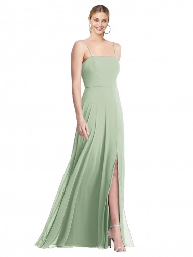Online Verde Salvia Trompeta Tirantes espagueti Cuadrado Gasa Largo Formales Vestidos de dama de honor / Vestidos de noche