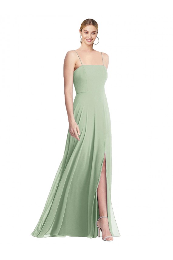 Online Verde Salvia Trompeta Tirantes espagueti Cuadrado Gasa Largo Formales Vestidos de dama de honor / Vestidos de noche