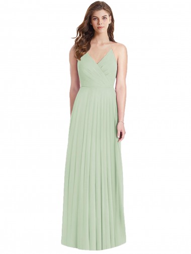 Online Verde Salvia Trompeta Tirantes espagueti Cuello en V Gasa Largo Vestidos de dama de honor