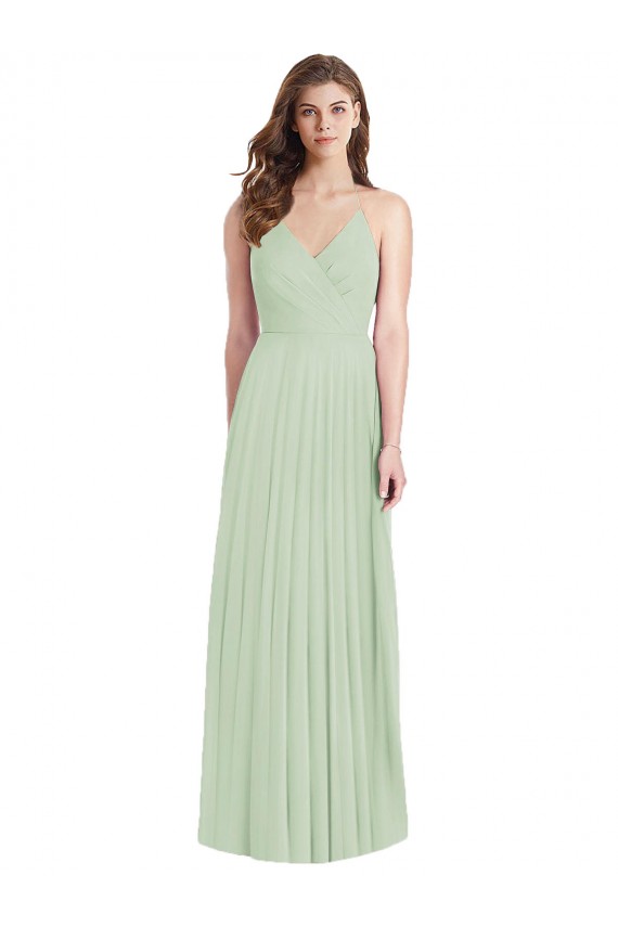 Online Verde Salvia Trompeta Tirantes espagueti Cuello en V Gasa Largo Vestidos de dama de honor