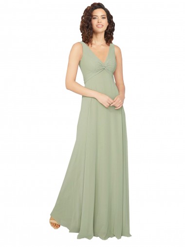 Online Verde Salvia línea A Cuello en V Gasa Largo Vestidos de dama de honor