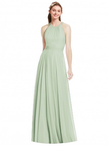Online Verde Salvia línea A Halter Gasa Largo Vestidos de dama de honor