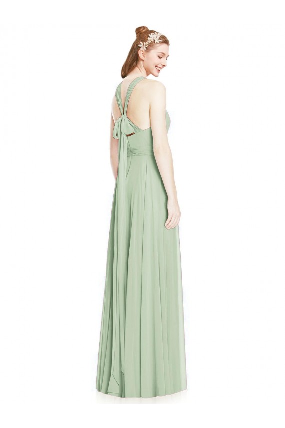 Online Verde Salvia línea A Halter Gasa Largo Vestidos de dama de honor