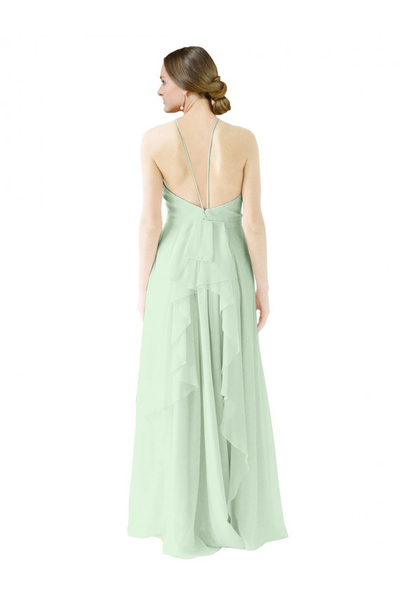 Online Verde Salvia línea A Halter Gasa Largo Vestidos de dama de honor