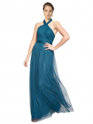 Online Verde azulado línea A Halter Cuello Alto Tul Largo Vestidos de dama de honor