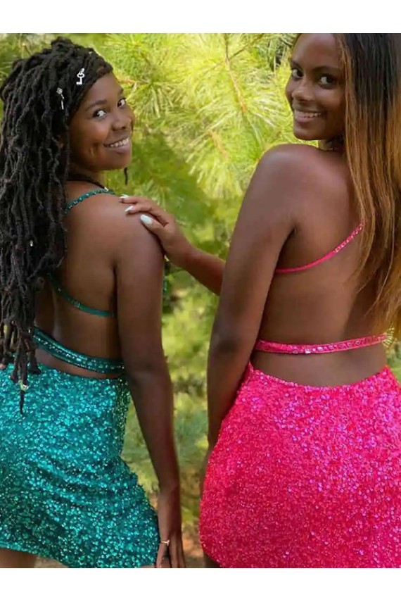 Online Verde oscuro Cubierta Cuello en V Corto Lentejuelas Terciopelo Corto Vestidos de fiesta