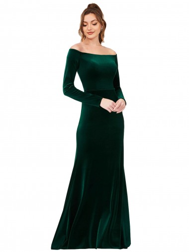 Online Verde oscuro Cubierta Hombros Descubiertos Terciopelo Elástico Largo Formales Vestidos de dama de honor / Vestidos de fiesta
