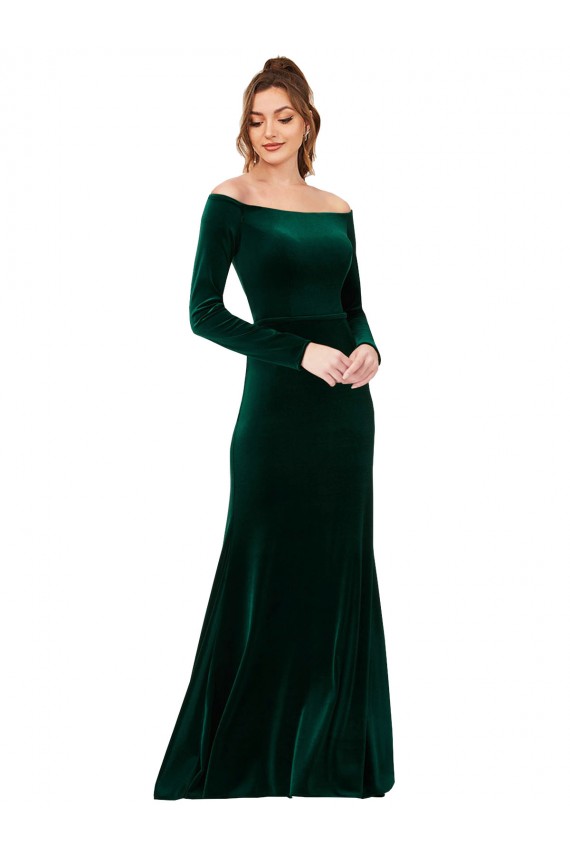 Online Verde oscuro Cubierta Hombros Descubiertos Terciopelo Elástico Largo Formales Vestidos de dama de honor / Vestidos de fiesta