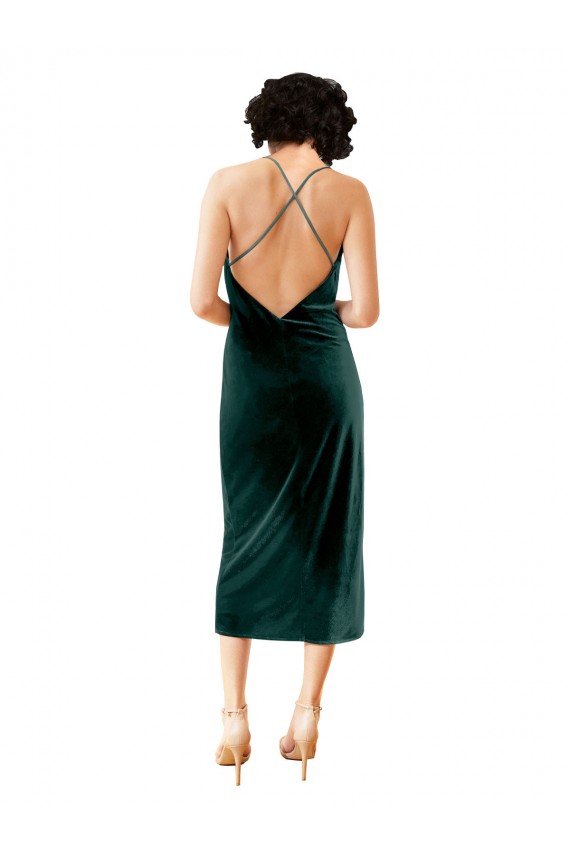 Online Verde oscuro Cubierta Tirantes espagueti Midi Terciopelo Elástico Corto Formales Vestidos de dama de honor / Vestidos de fiesta / Vestidos de cóctel