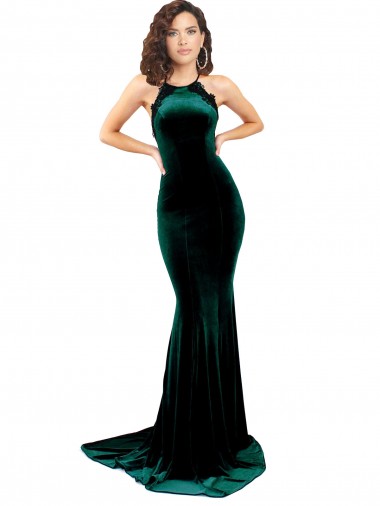 Online Verde oscuro Sirena Cuello Alto Barrer tren Terciopelo Elástico Largo Formales Vestidos de dama de honor / Vestidos de fiesta