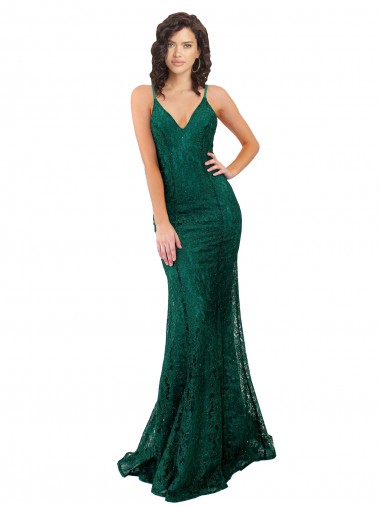 Online Verde oscuro Sirena Cuello en V Encaje Largo Vestidos de dama de honor / Vestidos de fiesta