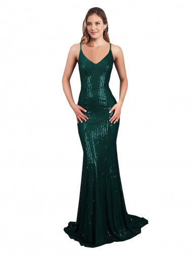 Online Verde oscuro Sirena Cuello en V Lentejuela Largo Formales Vestidos de dama de honor / Vestidos de fiesta