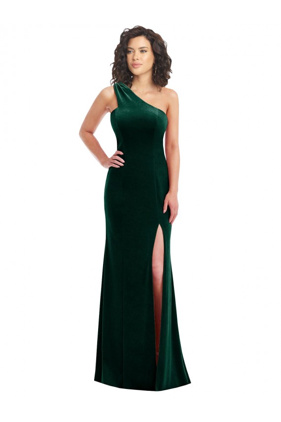 Online Verde oscuro Trompeta Un Hombre Terciopelo Elástico Largo Vestidos de dama de honor / Vestidos de fiesta