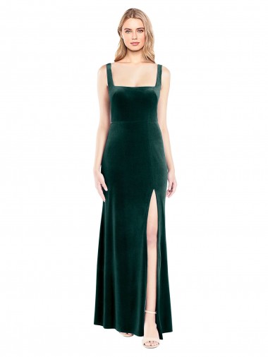 Online Verde oscuro línea A Cuadrado Terciopelo Elástico Largo Vestidos de dama de honor / Vestidos de fiesta