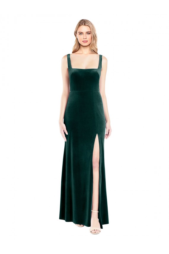 Online Verde oscuro línea A Cuadrado Terciopelo Elástico Largo Vestidos de dama de honor / Vestidos de fiesta