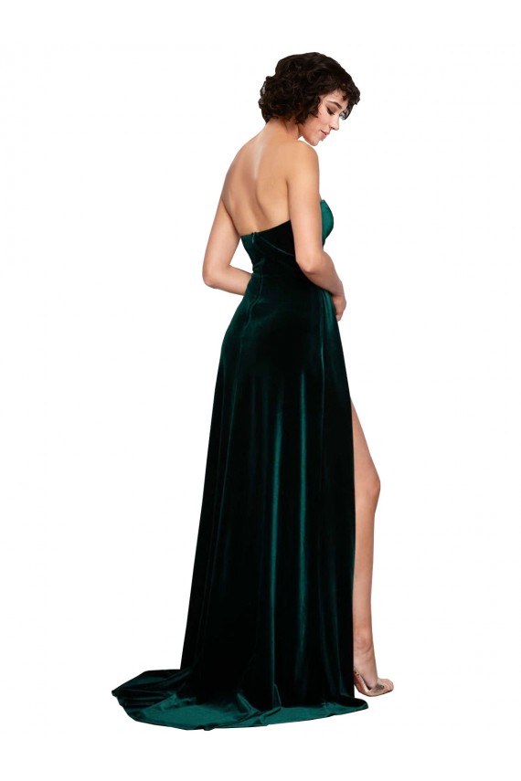 Online Verde oscuro línea A Cuello de Corazón Barrer tren Terciopelo Elástico Largo Vestidos de dama de honor / Vestidos de fiesta