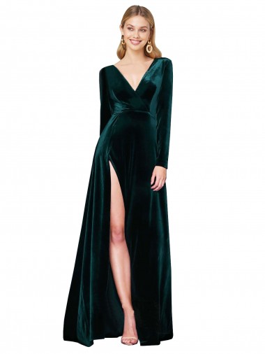 Online Verde oscuro línea A Cuello en V Barrer tren Terciopelo Elástico Largo Formales Vestidos de dama de honor / Vestidos de fiesta