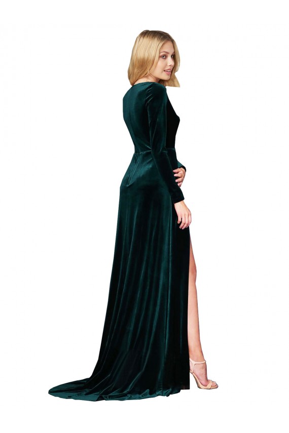 Online Verde oscuro línea A Cuello en V Barrer tren Terciopelo Elástico Largo Formales Vestidos de dama de honor / Vestidos de fiesta