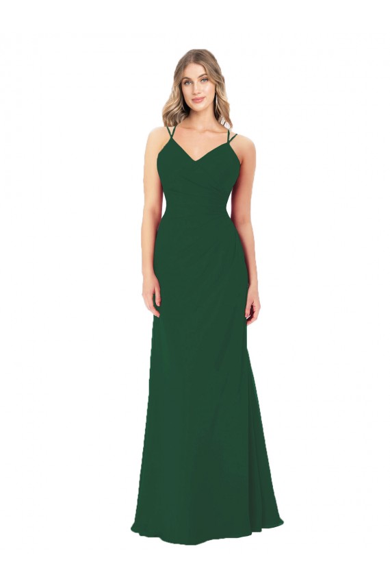 Online Verde oscuro línea A Cuello en V Cuello de Corazón Gasa Largo Vestidos de dama de honor