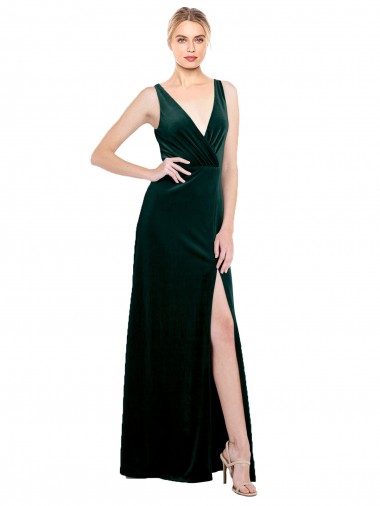 Online Verde oscuro línea A Cuello en V Terciopelo Elástico Largo Formales Vestidos de dama de honor / Vestidos de fiesta
