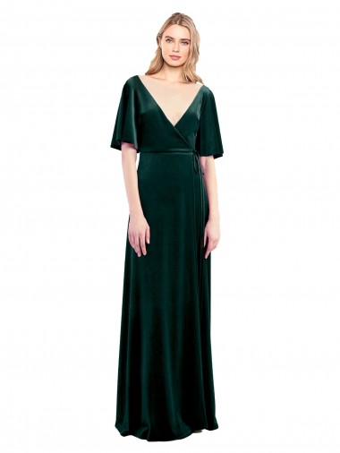 Online Verde oscuro línea A Cuello en V Terciopelo Elástico Largo Vestidos de dama de honor / Vestidos de fiesta