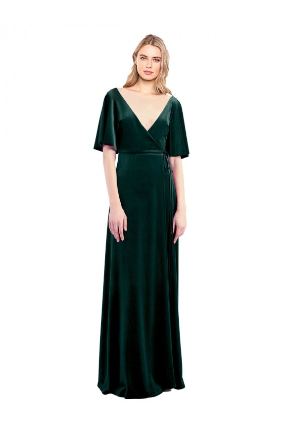 Online Verde oscuro línea A Cuello en V Terciopelo Elástico Largo Vestidos de dama de honor / Vestidos de fiesta