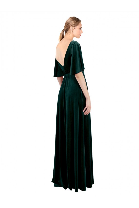 Online Verde oscuro línea A Cuello en V Terciopelo Elástico Largo Vestidos de dama de honor / Vestidos de fiesta