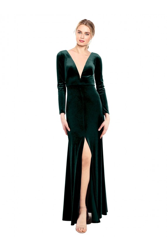Online Verde oscuro línea A Cuello en V Terciopelo Elástico Largo Vestidos de dama de honor / Vestidos de fiesta