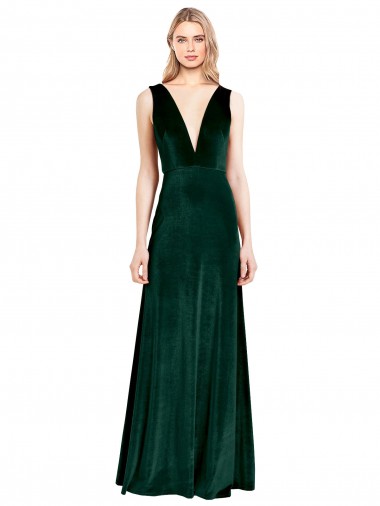 Online Verde oscuro línea A Cuello en V Terciopelo Elástico Largo Formales Vestidos de dama de honor / Vestidos de fiesta