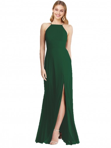 Online Verde oscuro línea A Tirantes espagueti Cuello Alto Gasa Largo Vestidos de dama de honor