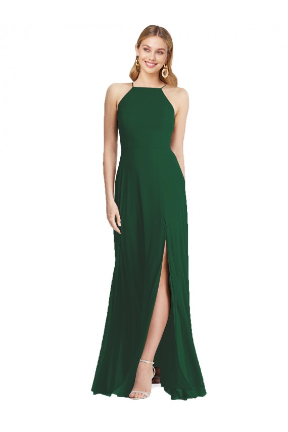 Online Verde oscuro línea A Tirantes espagueti Cuello Alto Gasa Largo Vestidos de dama de honor