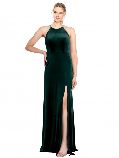 Online Verde oscuro línea A Tirantes espagueti Cuello joya Terciopelo Elástico Largo Vestidos de dama de honor / Vestidos de fiesta