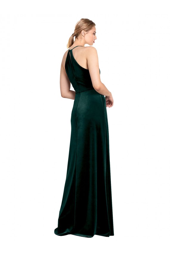 Online Verde oscuro línea A Tirantes espagueti Cuello joya Terciopelo Elástico Largo Vestidos de dama de honor / Vestidos de fiesta