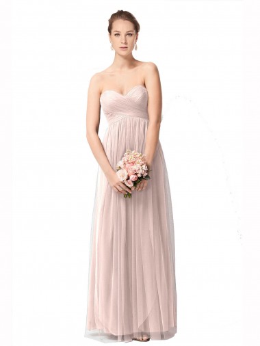 Online Vintage Rose línea A Cuello de Corazón Tul Largo Vestidos de dama de honor