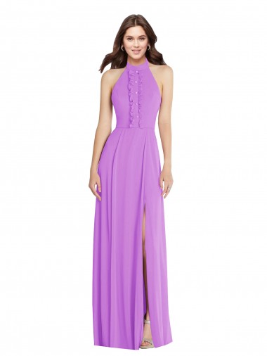 Online Violeta línea A Halter Gasa Largo Formales Vestidos de dama de honor / Vestidos de noche