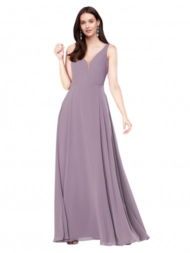 Online lavanda oscura Cubierta Cuello en V Gasa Largo Formales Vestidos de dama de honor / Vestidos de noche